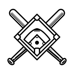 Baseball Field with Crossed Bats Line Icon Illustration for Sports Team Logo, Game Symbol and Athletic Competition Design