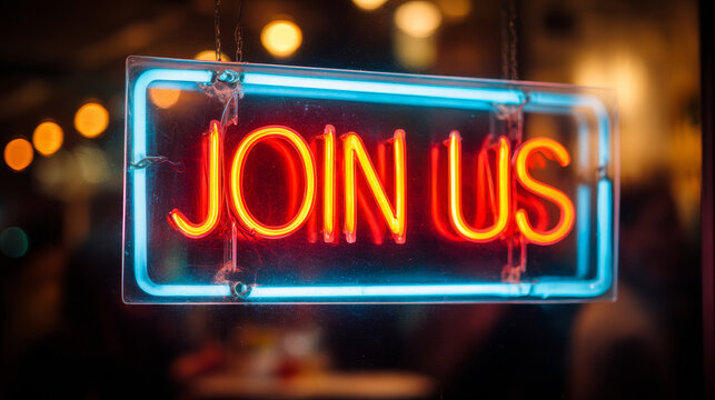 Neon sign join us glow light window night city invite Neon sign join us glow light window night busy city street, warm blurred background and reflection create inviting urban nightlife mood