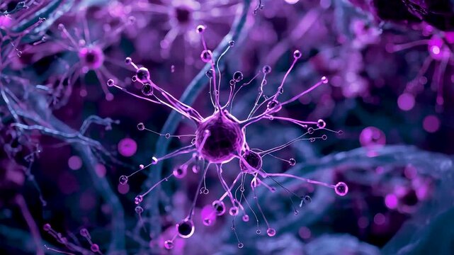 Neuron Cell With Dendrites And Synapses In Purple And Blue Microscopic View