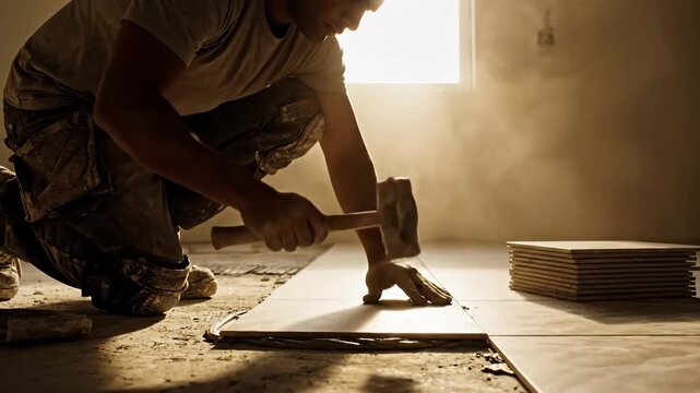 A worker kneels, laying rectangular floor tiles in a dusty room with a window