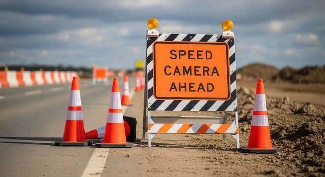 Speed Camera Warning Sign On The Roadside With Safety Cones And Cloudy Sky