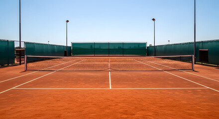 Empty clay tennis court with net and green fencing under a clear blue sky on a sunny day ready for a match