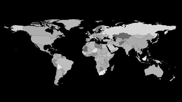 Animated world map with subtle flickering effect that reveals world countries and continuous flicker effect, transparent background with alpha channel, ideal overlay for news, crisis, and tech themes