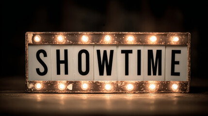 Retro lightbox cinema sign showtime text vintage marquee glowing bulb theater ambiance night mood warm light film theme entertainment concept Retro lightbox cinema sign showtime text vintage