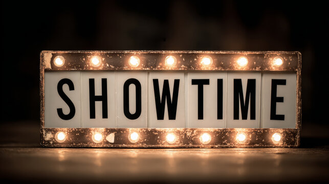 Retro lightbox cinema sign showtime text vintage marquee glowing bulb theater ambiance night mood warm light film theme entertainment concept Retro lightbox cinema sign showtime text vintage