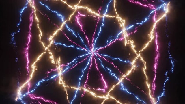 A mesmerizing digital artwork of vibrant light, with multiple streams emanating outwards. The composition presents an abstract visualization of energy flow