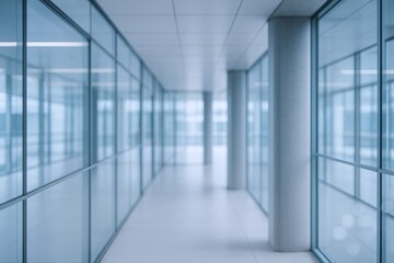 Naklejka premium Modern Office Corridor with Glass Walls and Natural Light, Featuring a Clean and Professional Ambience