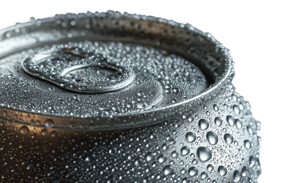 Detailed macro photography of soda can surface covered in condensation representing chilled drink, refreshment, and realistic textures isolated on transparent background PNG