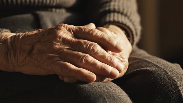 Close-up of weathered hands resting in lap, depicting age, comfort, and peace. Soft light accentuates wrinkles, textures