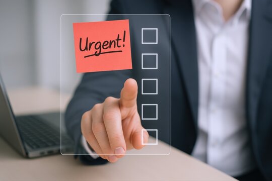 Urgent task list with businessman checking virtual boxes on interface for business management and prioritization