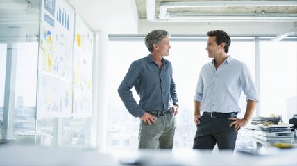 Fototapeta premium Two businessmen discuss strategy in modern office, reviewing charts and graphs in a collaborative environment