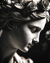 Fototapeta premium Elegant Marble Sculpture of a Woman with Floral Crown in Deep Contemplation, Evoking Classical Beauty