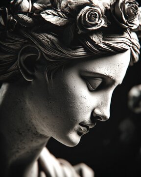 Elegant Marble Sculpture of a Woman with Floral Crown in Deep Contemplation, Evoking Classical Beauty