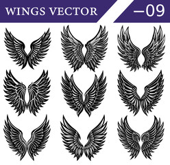 A compilation of nine unique black and white depicting various styles of feathered angel wings and stylized wings, organized in a three by three grid for applications Keywords: wings, angel wings