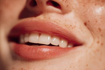 Obraz premium Close-up Portrait of a Woman's Smiling Mouth with Freckles, showcasing Natural Beauty and Healthy White Teeth