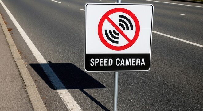 Speed Camera Warning Sign: Traffic Control, Safety, and Roadside Alert in Daylight