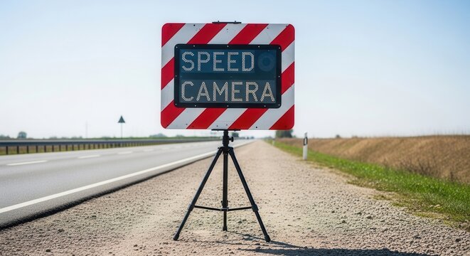 Speed Camera Warning Sign: Traffic Monitoring And Safety on the Roadside Under Bright Sunlight
