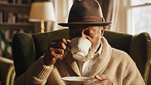 A senior man, wearing a hat and sweater, sips from a teacup while sitting in a cozy armchair