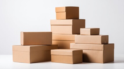 Stack of Unlabeled Cardboard Boxes in Various Sizes on a White Background for Shipping or Storage