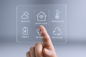 Smart Home Automation Interface: Finger Touching Screen Displaying Weather, Energy, Air Quality and Recycling