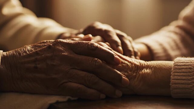 Close-up of elderly hands clasped together, symbolizing comfort and support. Details show skin texture