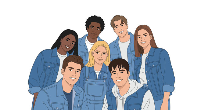 A close-knit group of seven smiling young adults, showcasing diverse ethnicities and all wearing denim jackets and jeans, is arranged in a semi-circle against a white background.