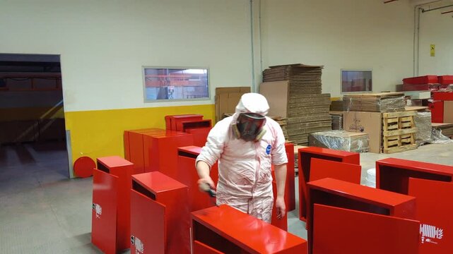 Painter wearing full protective suit checks paint thickness on finished fire cabinets using a micrometer in an industrial workshop.&rdquo;