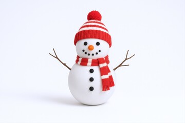 Fototapeta premium Festive Snowman Isolated on White Background Wearing Red Striped Scarf and Hat for Winter Holiday
