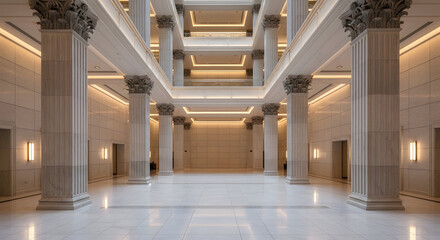 Grand Marble Hallway with Classical Columns and Modern Lighting Creating an Elegant and Spacious Interior Ambiance