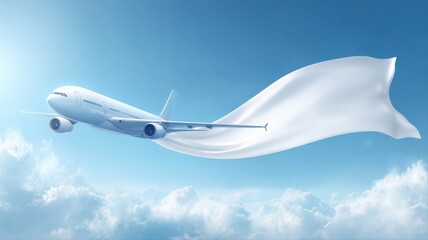 Fototapeta premium Airplane with White Fabric Flowing Behind Flying in Blue Sky Advertising Travel and Aviation
