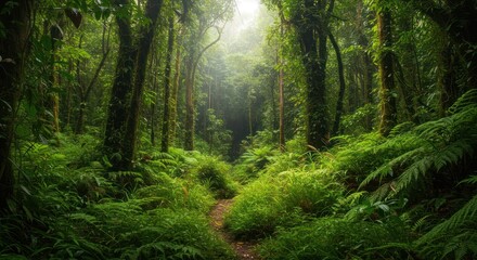 Obraz premium Lush green forest path sunlight through trees