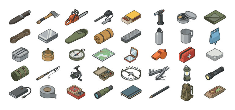 Collection of outdoor survival and camping gear items in isometric view