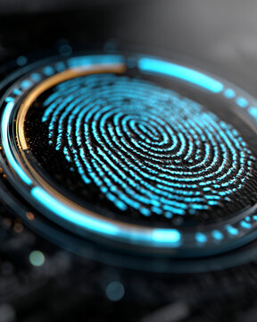 Fingerprint scan digital security technology, blue biometric data pattern, cyber protection access control, futuristic touch id interface glowing detail