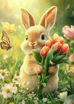 Cute bunny holding a bouquet of tulips, Garden scenery with butterflies, blooming flowers, and sunshine illustration
