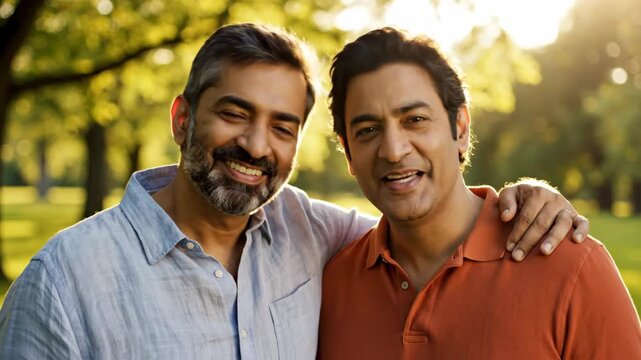 Two men smiling and embracing, surrounded by green foliage and sunlight. The subjects radiate warmth