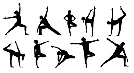 Set of 10 yoga poses vector silhouettes