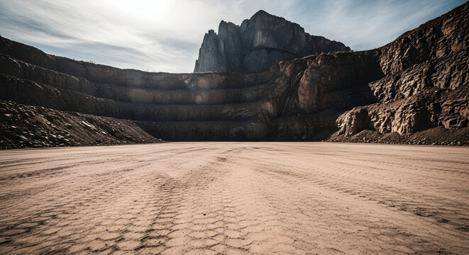 Vast quarry landscape with layered rock formations and dusty ground under a bright sky