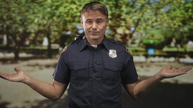 Police officer man shrugs with palms up, open hands and visible badge on chest in a street lined with trees; doubt authority.
