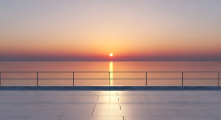 Fototapeta premium Serene ocean sunset viewed from a modern balcony with tiled flooring and a sleek metal railing casting reflections on the water