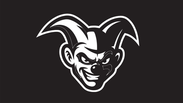 Angry jester face with a sly grin, cartoon style mascot logo design for a prankster or april fools day theme, dark background