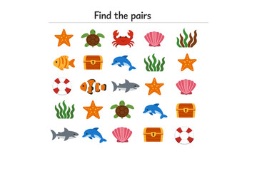 Fototapeta premium Colorful sea-themed memory game with various ocean creatures