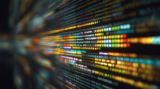 Colorful code screen programming language software development cyber background data stream digital technology abstract light computer security coding focus web design glowing