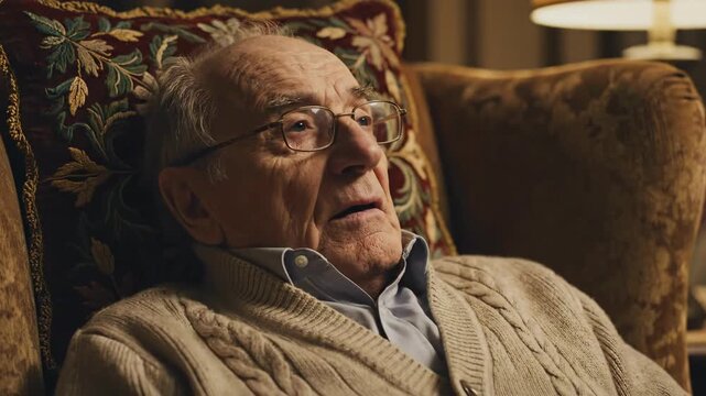 An elderly man wearing glasses and a sweater sits on a plush chair, lost in thought