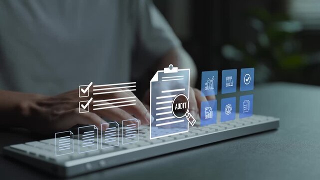 Business audit concept. Person typing keyboard with audit and financial analysis icons, compliance review, risk assessment and corporate governance.