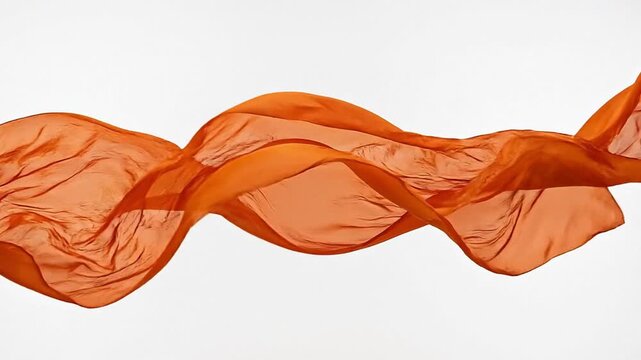Orange silk fabric floating in wind against white background creating elegant wave motion cinematic footage