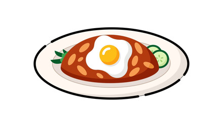 A plate of nasi goreng with egg and cucumber slices, viewed from directly above, in a simple white environment, file type is illustration