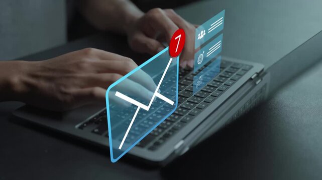 Digital email marketing strategy concept. Person using laptop with newsletter and analytics icons, targeted campaigns, customer outreach and marketing automation.
