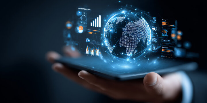 Artificial intelligence digital globe data analytics big data business technology cloud computing fintech virtual screen hologram innovation Futuristic digital globe with artificial intelligence
