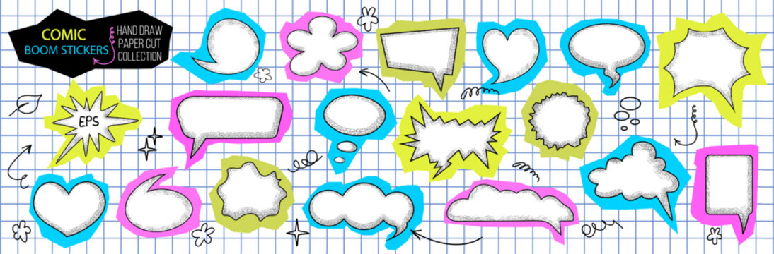  Set of Hand drawn comic speech bubble stickerin paper cut style on grid background. Y2K Neon Boom pop collage effect. Pop art blank chat shapes for social media, messaging, print, scrapbook design.