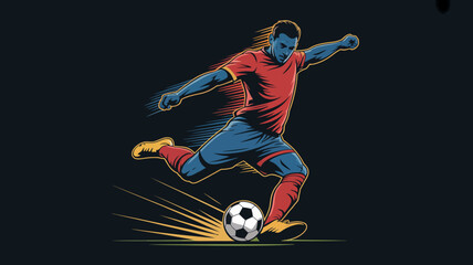 A dynamic illustration depicts a soccer player in mid kick powerfully connecting with the ball in a vibrant energetic scene high quality professional detailed modern elegant © Nargis